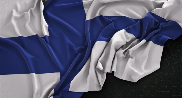 Bandera de Finlandia arrugado sobre fondo oscuro 3D Render