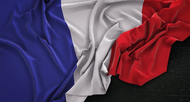 Bandera de Francia arrugado sobre fondo oscuro 3D Render