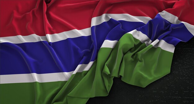 La bandera de Gambia arrugado sobre fondo oscuro 3D Render
