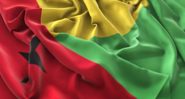 Bandera de Guinea-Bissau Foto de estudio Ruffled Bellamente Agitando Macro