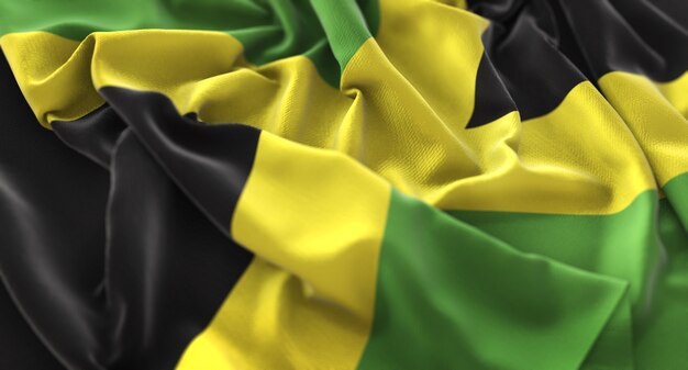 Bandera de Jamaica Ruffled Bellamente Agitando Macro Foto de primer plano