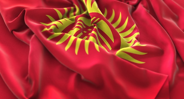 Bandera de Kirguistán Ruffled Maravilloso Agarrar Horizontal Primer plano