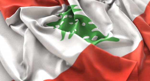 Bandera de Líbano Ruffled Maravillosamente Acurrucado Horizontal Primer plano