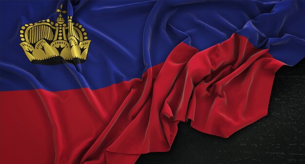 Bandera de Liechtenstein arrugado sobre fondo oscuro 3D Render