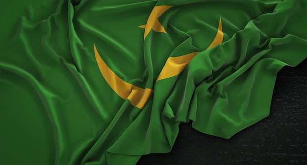 Bandera de Mauritania arrugado sobre fondo oscuro 3D Render