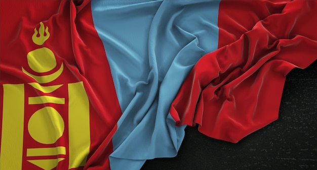 Foto gratuita bandera de mongolia arrugado sobre fondo oscuro 3d render