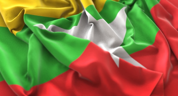 Bandera de Myanmar Ruffled Maravillosamente Acurrucado Macro Foto de cabeza