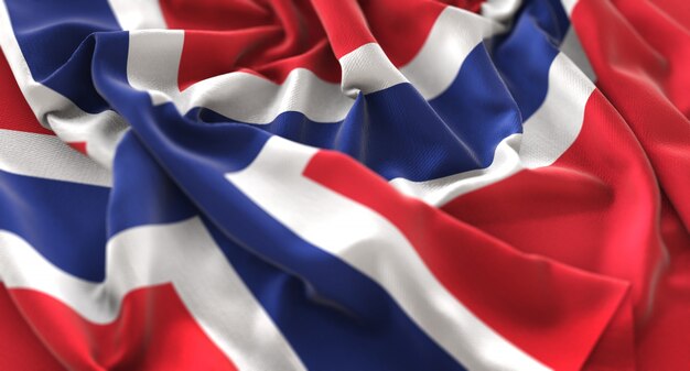 Bandera de Noruega Ruffled Maravillosamente Acurrucado Horizontal Primer plano