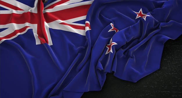 Bandera de Nueva Zelanda arrugado sobre fondo oscuro 3D Render