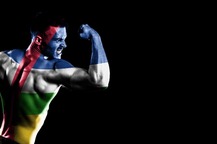 Foto gratuito bandera de la república centroafricana sobre fondo negro guapo joven musculoso