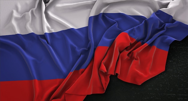 Bandera de Rusia arrugado sobre fondo oscuro 3D Render