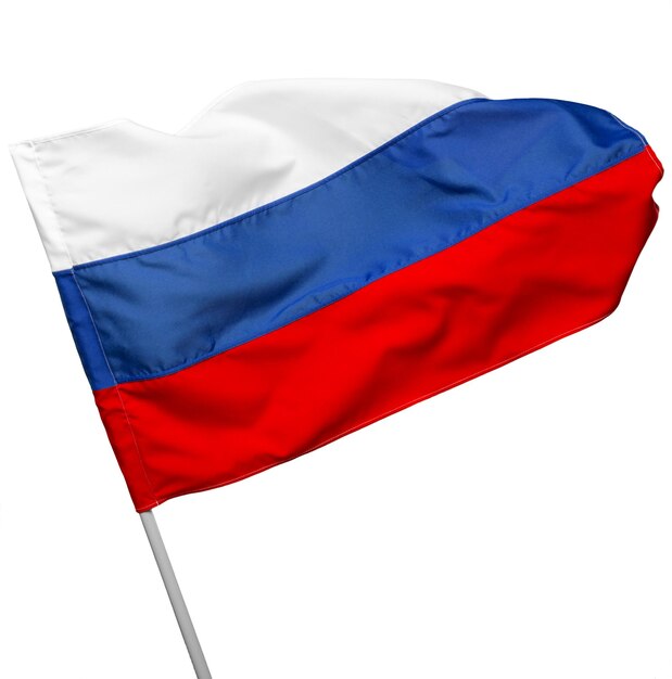 Bandera de Rusia ondeando sobre fondo blanco.