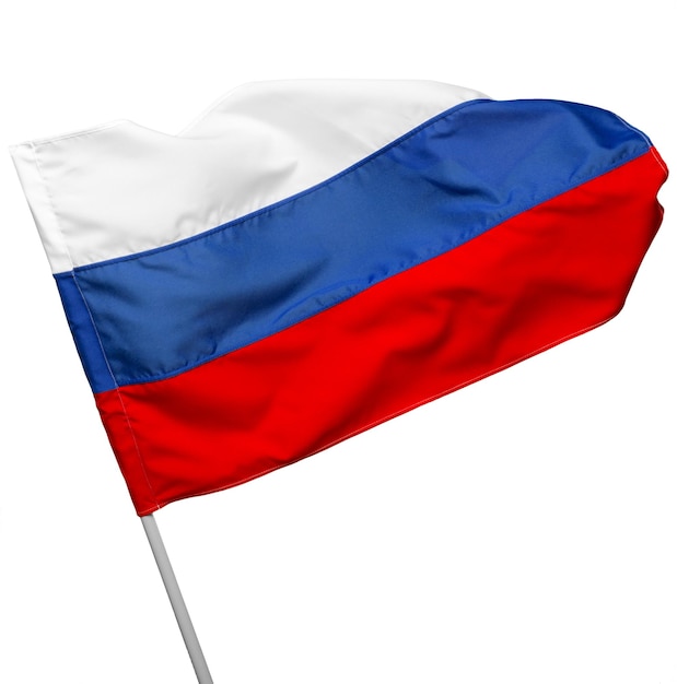 Bandera de Rusia ondeando sobre fondo blanco.