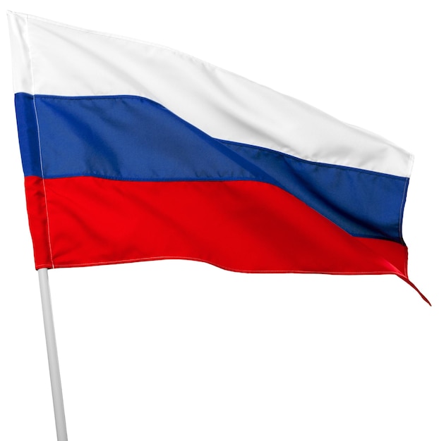 Bandera de Rusia ondeando sobre fondo blanco.