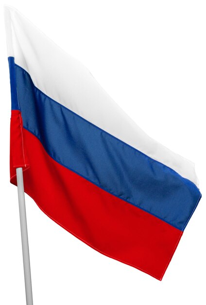 Bandera de Rusia ondeando sobre fondo blanco.