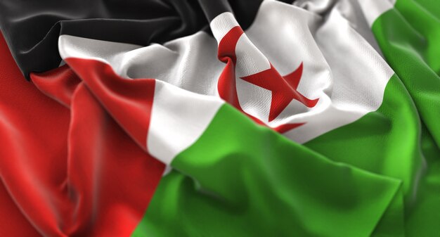 Bandera de Sáhara Occidental Ruffled Maravilloso Agarrar Macro Horizontal Primer plano