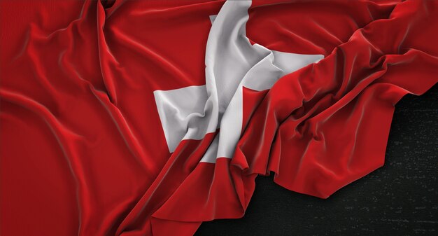 Bandera de Suiza arrugado sobre fondo oscuro 3D Render