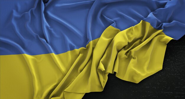 Bandera de Ucrania arrugado sobre fondo oscuro 3D Render