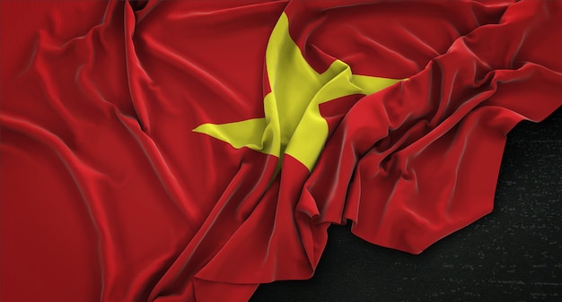 Bandera de Vietnam arrugado sobre fondo oscuro 3D Render