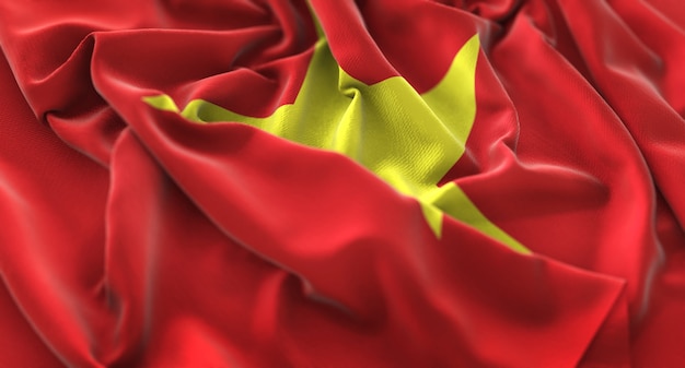 Bandera de Vietnam Ruffled Bellamente Agitando Macro Primer plano