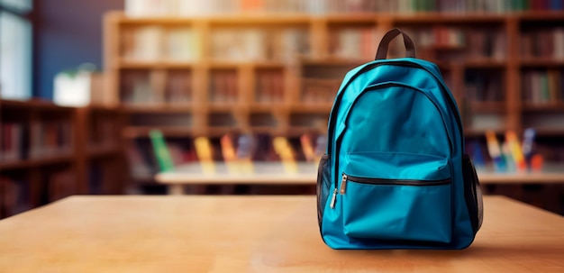 Banner en blanco de mochila azul sobre fondo de biblioteca borrosa