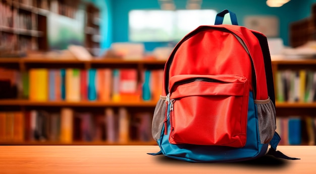 Foto gratuita banner en blanco realista de mochila azul y roja en la sala de estudio de fondo borroso