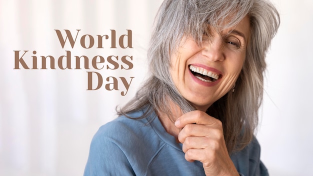 Banner del día mundial de la bondad con mujer sonriendo