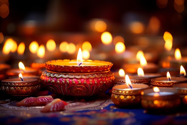 Banner de diwali con lámparas de velas en una alfombra