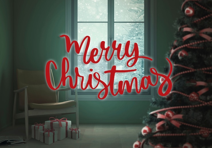 Foto gratuito banner de feliz navidad con árbol decorado