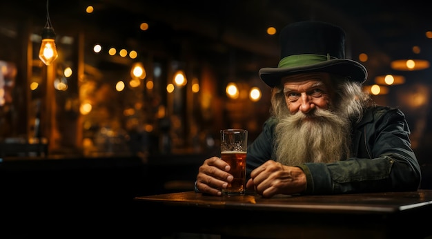 Banner con Leprechaun y una taza de cerveza en un pub irlandés para el texto de las vacaciones de San Patricio