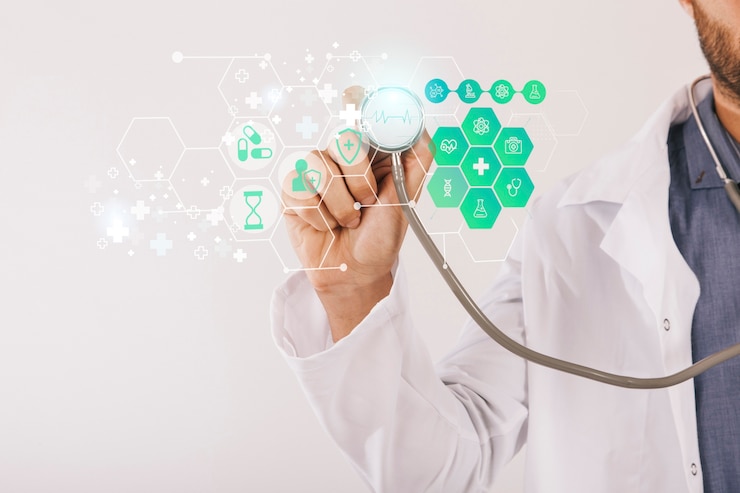 Foto gratuito banner médico con médico con estetoscopio