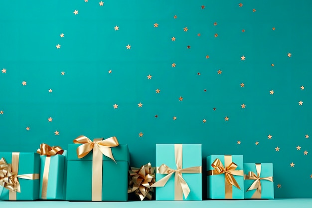 Foto gratuita banner con muchas cajas de regalo atadas con cintas de terciopelo y adornos de papel sobre fondo turquesa. fondo de navidad