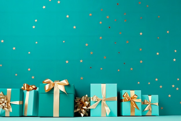 Banner con muchas cajas de regalo atadas con cintas de terciopelo y adornos de papel sobre fondo turquesa. Fondo de navidad