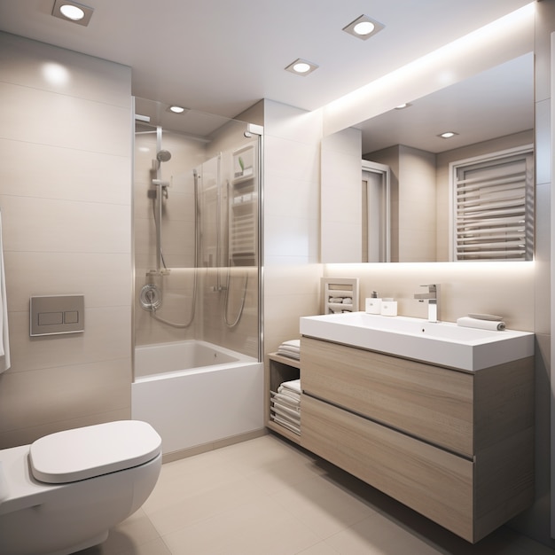 Foto gratuita baño moderno con espacio reducido y decoración contemporánea.
