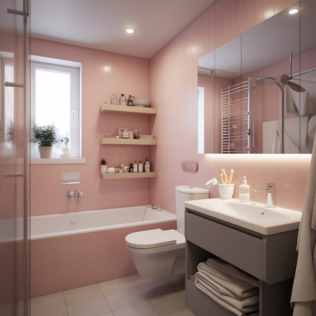 Foto gratuita baño moderno con espacio reducido y decoración contemporánea.