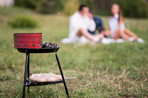 Barbacoa con amigos defocused sobre césped