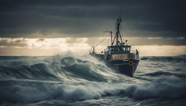 Foto gratuita barco industrial navega hacia el oscuro horizonte generado por ia