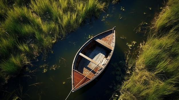 Foto gratuita un barco de madera entre la hierba alta de un lago vista aérea