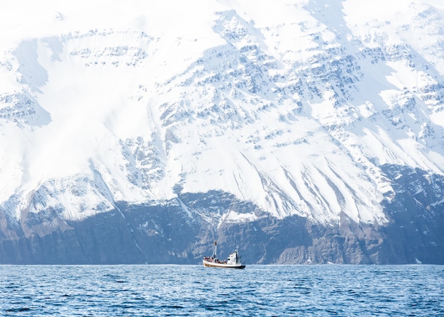 Un barco en el mar con increíbles montañas rocosas nevadas