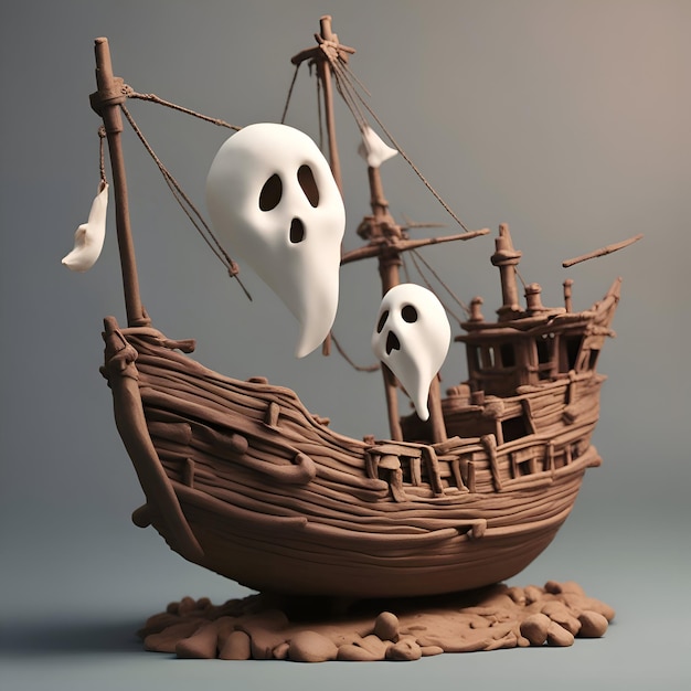 Foto gratuita barco pirata con dos fantasmas sobre un fondo gris renderizado 3d