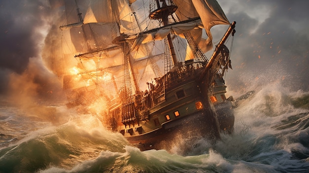 Barco pirata navegando en el mar