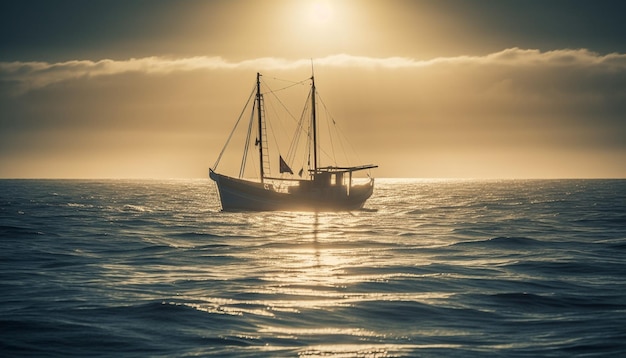 Foto gratuita el barco de vela se desliza en aguas tranquilas el atardecer pinta el horizonte generado por la inteligencia artificial