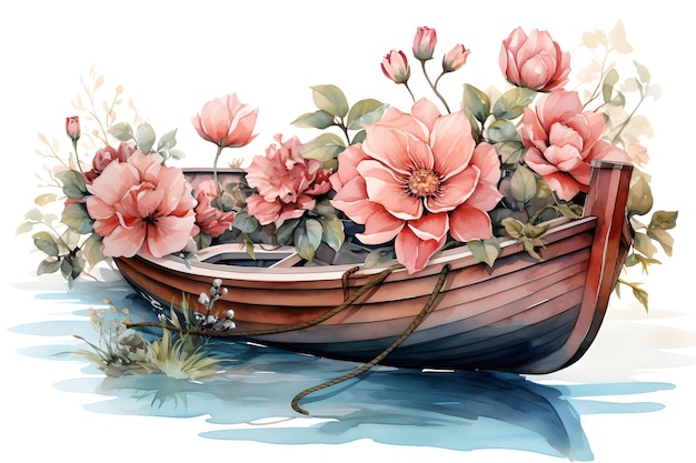 Foto gratuita barco de velocidad de acuarela con ilustración de diseño floral