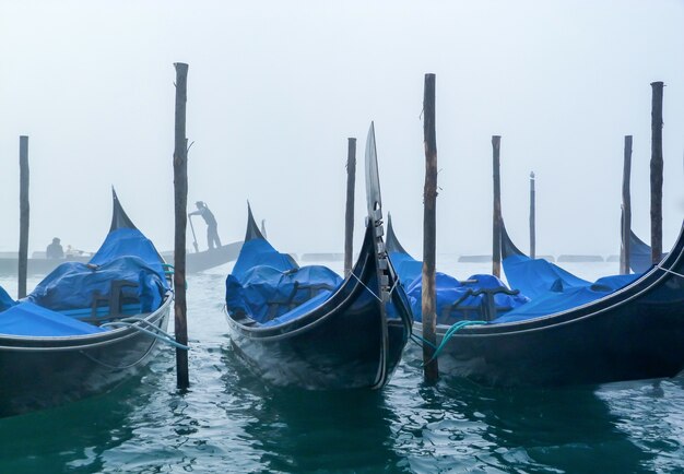 Barcos azules estacionados y un cielo blanco brumoso