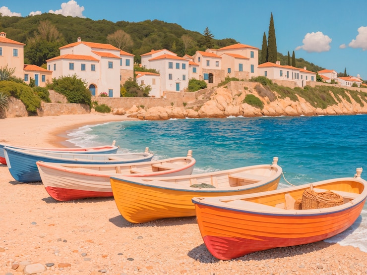 Barcos en la playa en un pueblo costero