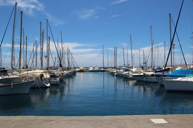 Barcos privados estacionados en el puerto bajo el cielo azul puro