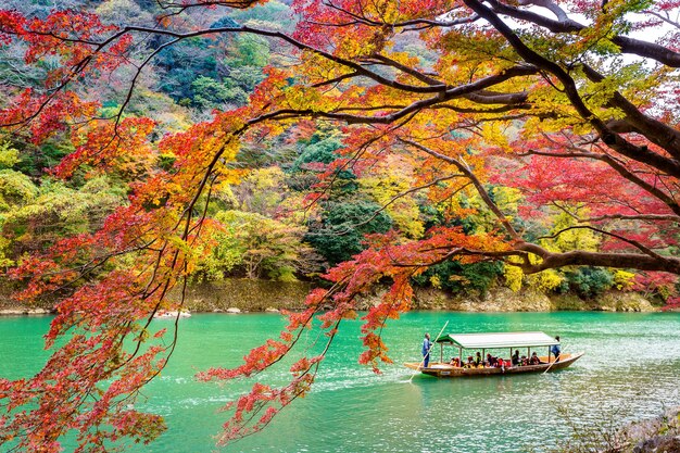 Barquero remar el barco en el río. Arashiyama en la temporada de otoño junto al río en Kyoto, Japón