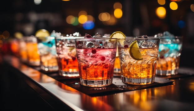 Barra de bar de discoteca iluminada con vidrio que vierte un refrescante cóctel de whisky generado por inteligencia artificial