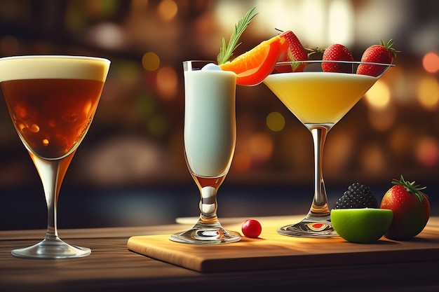 Foto gratuita una barra con diferentes cocteles incluyendo un coctel, un coctel y una copa de líquido blanco.