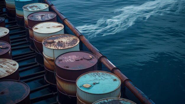 Barriles de petróleo en alta mar creados con tecnología de IA generativa